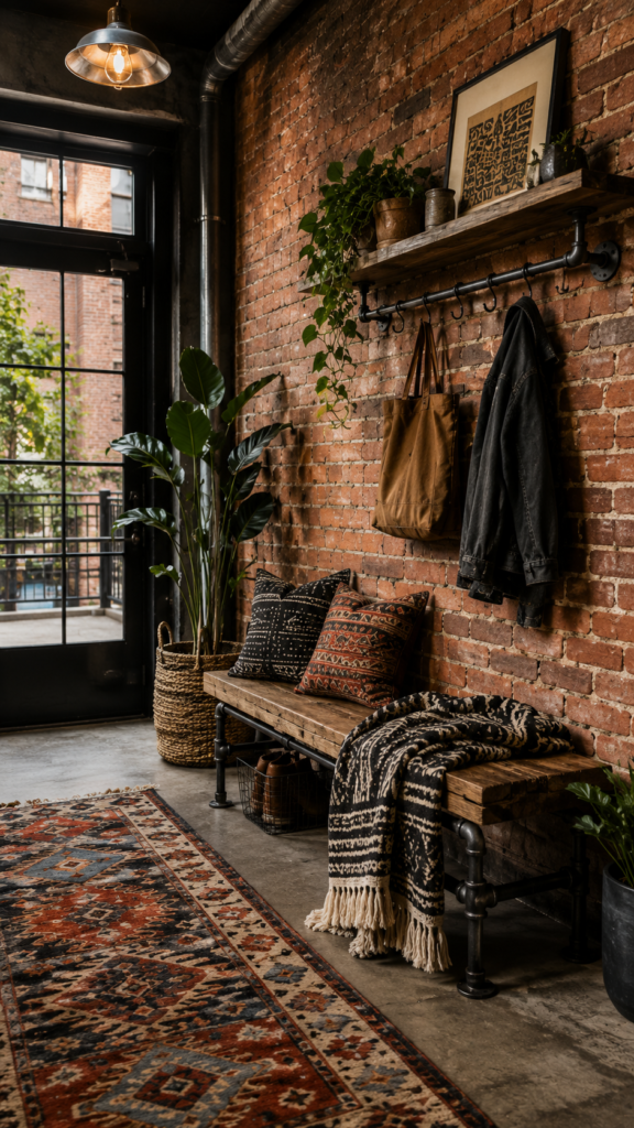 Industrial loft entryway featuring an exposed brick wall, heavy metal and wood bench, and a tribal kilim rug.