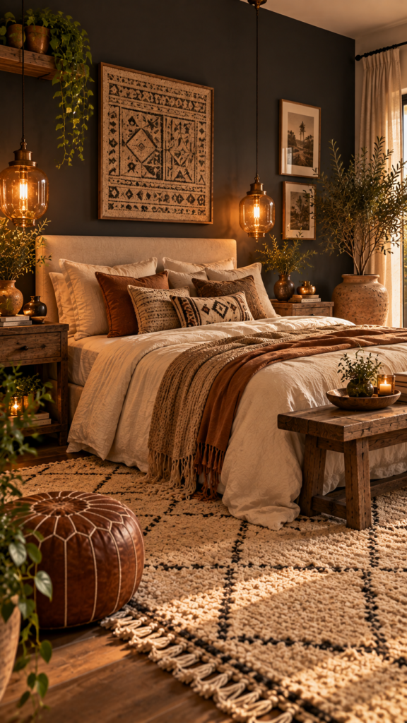 Moody boho bedroom with a dark charcoal grey wall, crisp ivory bedding, and warm glowing amber lights.