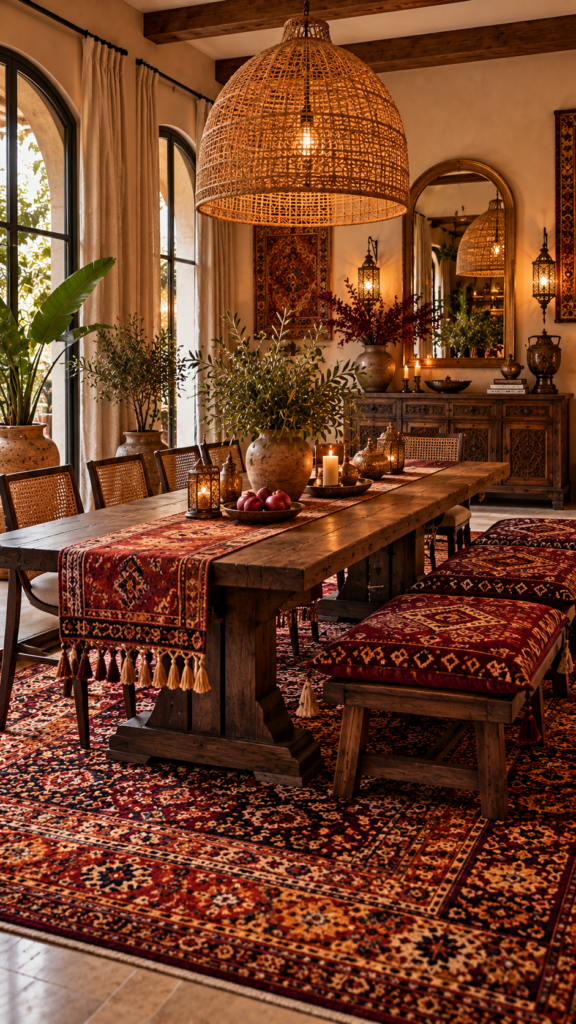 Traditional boho dining room anchored by a vintage deep burgundy Persian rug and burnt orange textiles