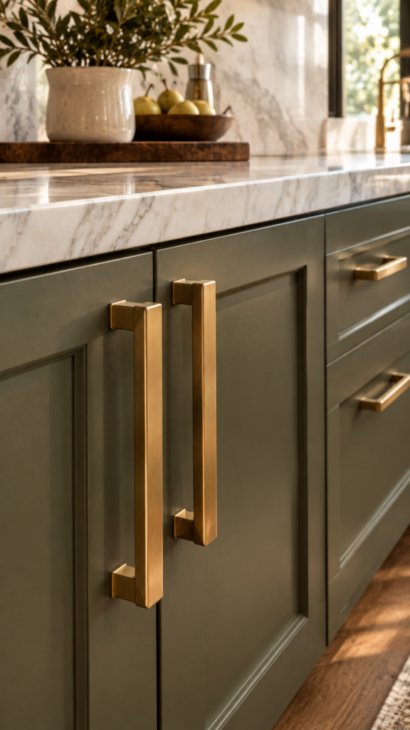 Close-up of modern brushed brass cabinet pulls installed on matte olive green kitchen cabinets.

