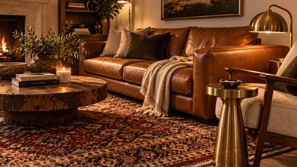 A living room successfully combining mid-century modern furniture with traditional antique pieces.
