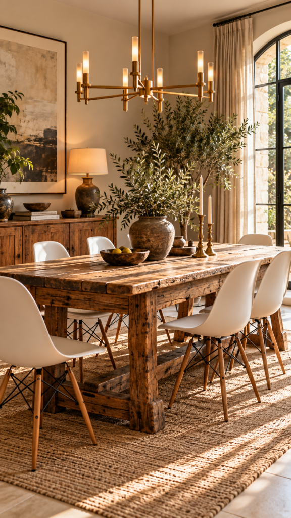 A rustic vintage farmhouse dining table surrounded by sleek modern white molded chairs.