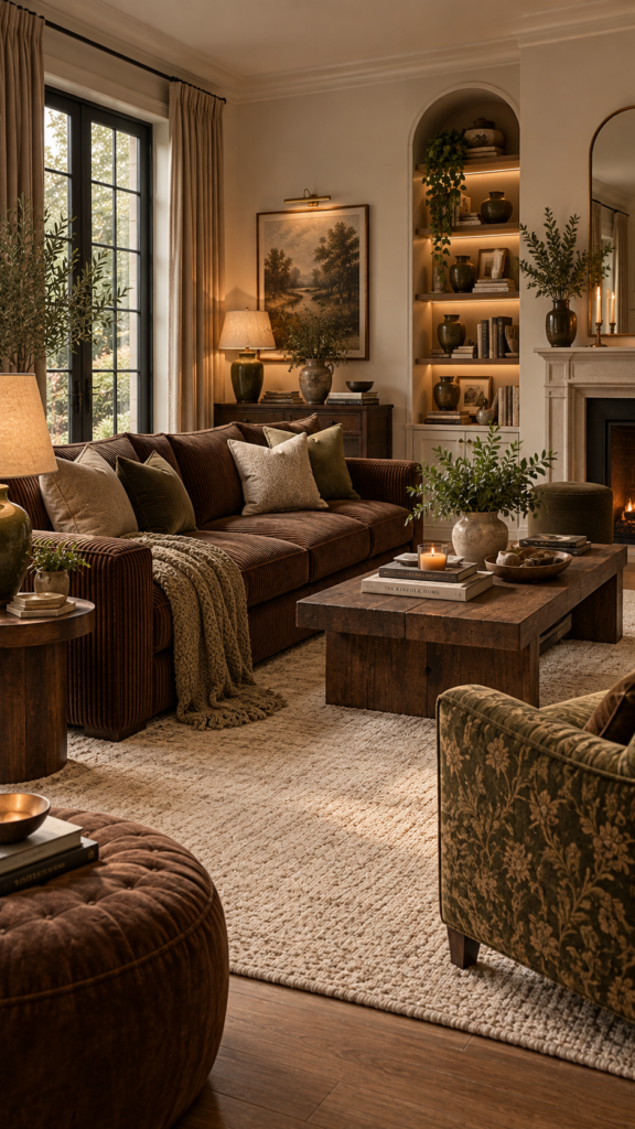 A grounded living room with cream walls, a chunky chocolate brown corduroy sofa, and olive green patterned armchairs.