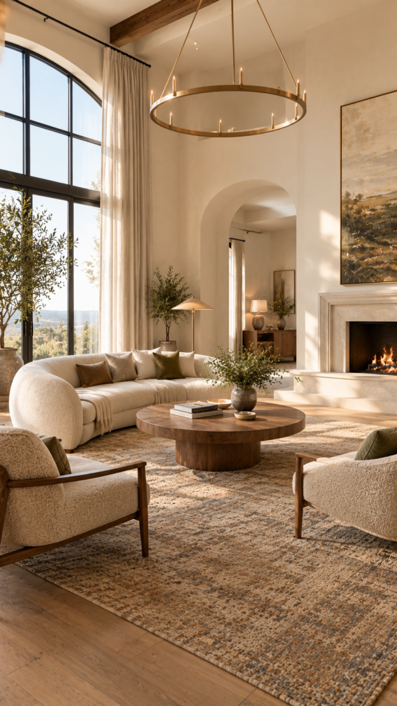  A curved linen sofa and accent chairs pulled away from the walls in a floating furniture layout.