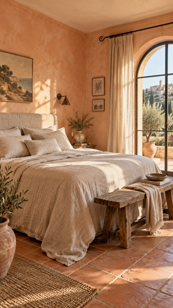 Mediterranean inspired bedroom featuring delicate plaster peach walls, un-dyed natural linen bedding, and rustic wrought iron details.