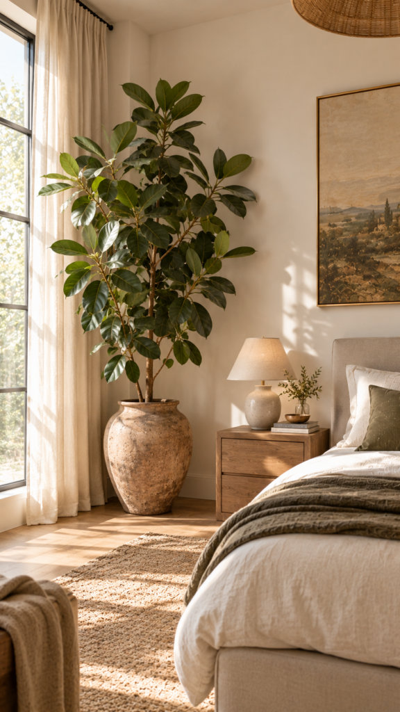 A large indoor Ficus Audrey plant in a textured terracotta pot in the corner of a bright modern bedroom.