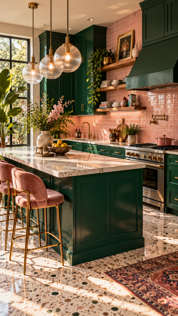 Eclectic kitchen design showcasing rich emerald green cabinets paired with a glossy blush pink tile backsplash.