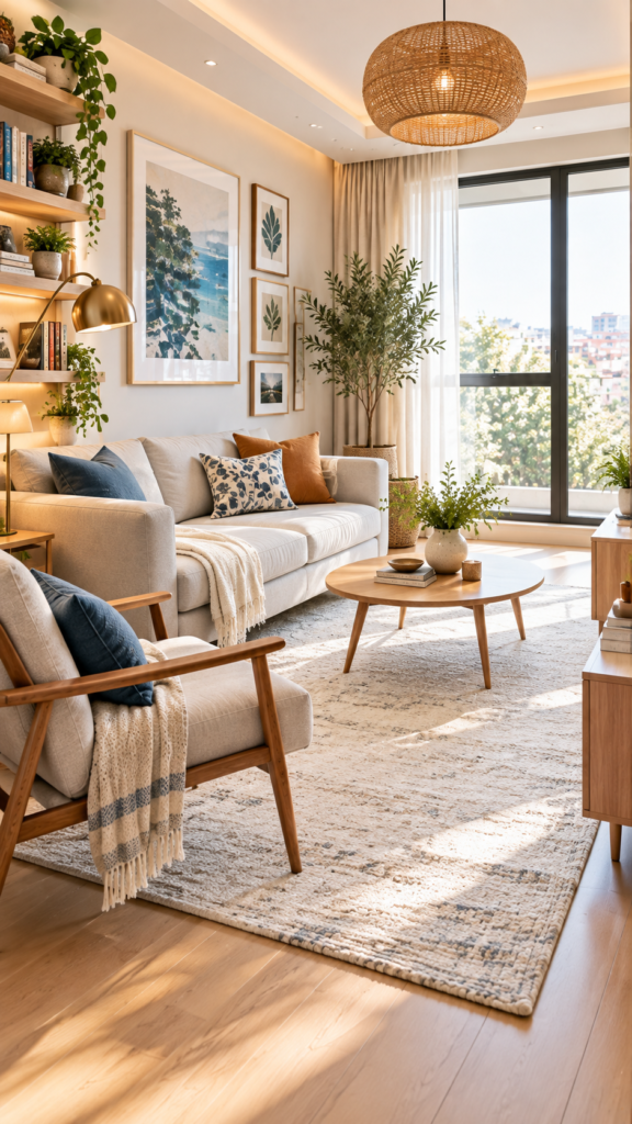 A small living area featuring a large neutral rug and furniture with exposed wooden legs to keep the floor space visible and airy.