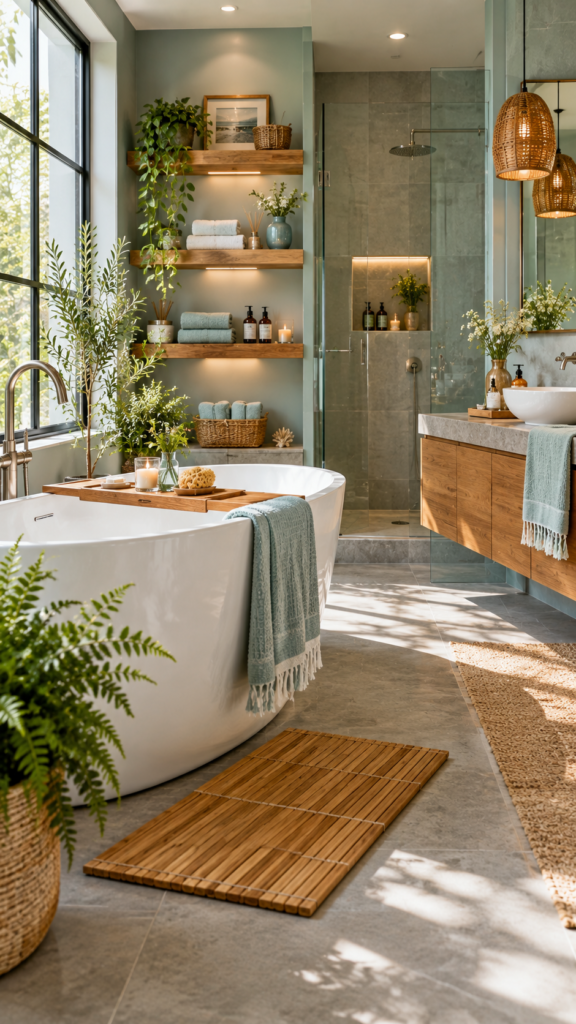 Spa-like luxury bathroom featuring a soft aqua color palette, a white bathtub, and natural wood floating shelves.