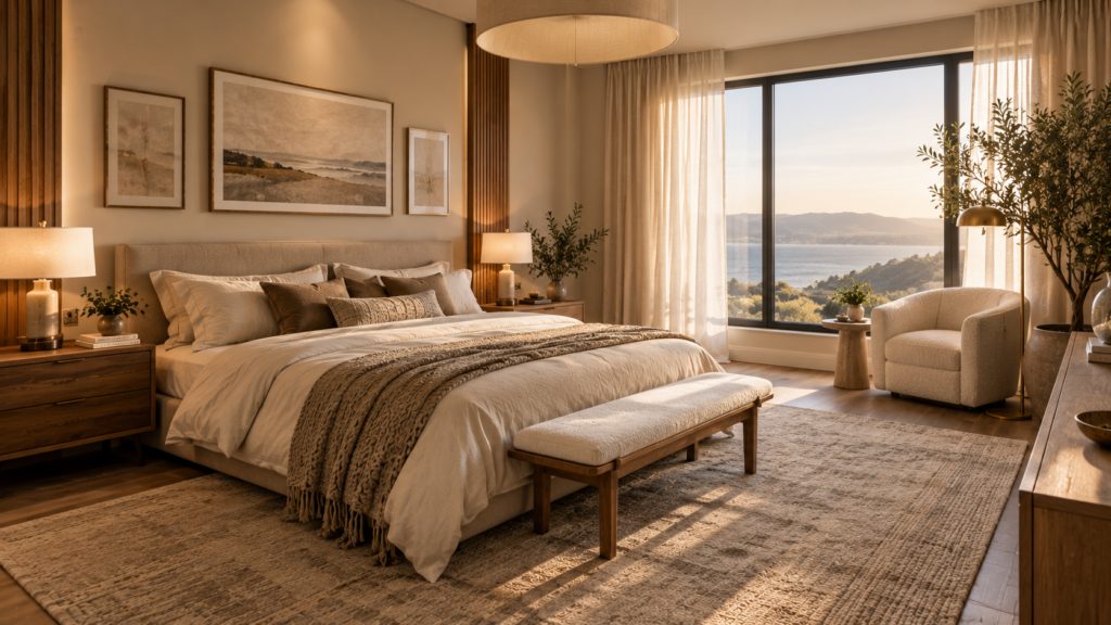 Wide view of a cozy and modern bedroom sanctuary with warm neutral layered bedding and bright morning sunlight.