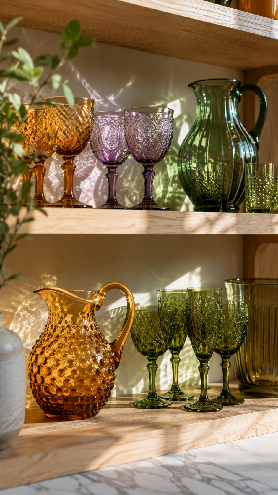 Open wooden kitchen shelving displaying a curated collection of vibrant tinted glassware catching the sunlight.