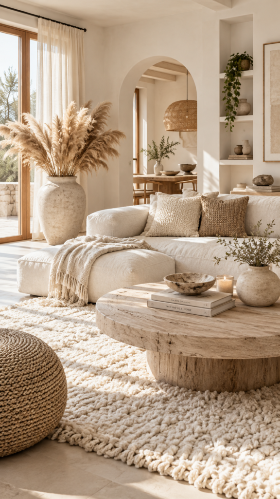 Bright minimalist Scandi-boho living room with creamy white walls and pale bleached wood furniture.
