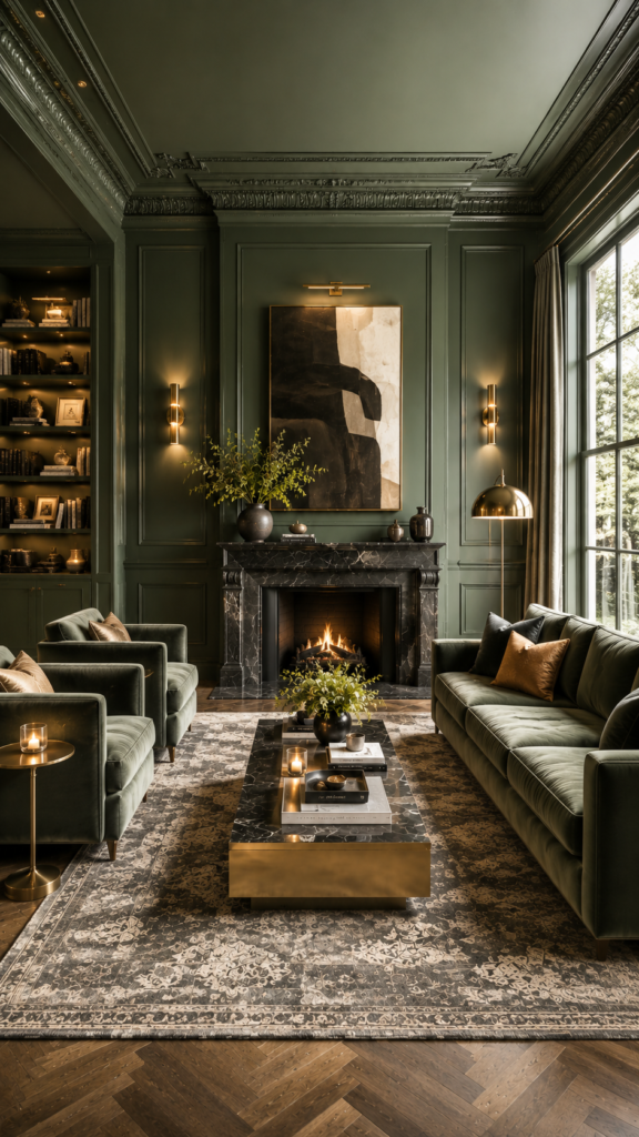 Dark moody luxury living room featuring deep forest green walls, velvet seating, and warm brass lighting.