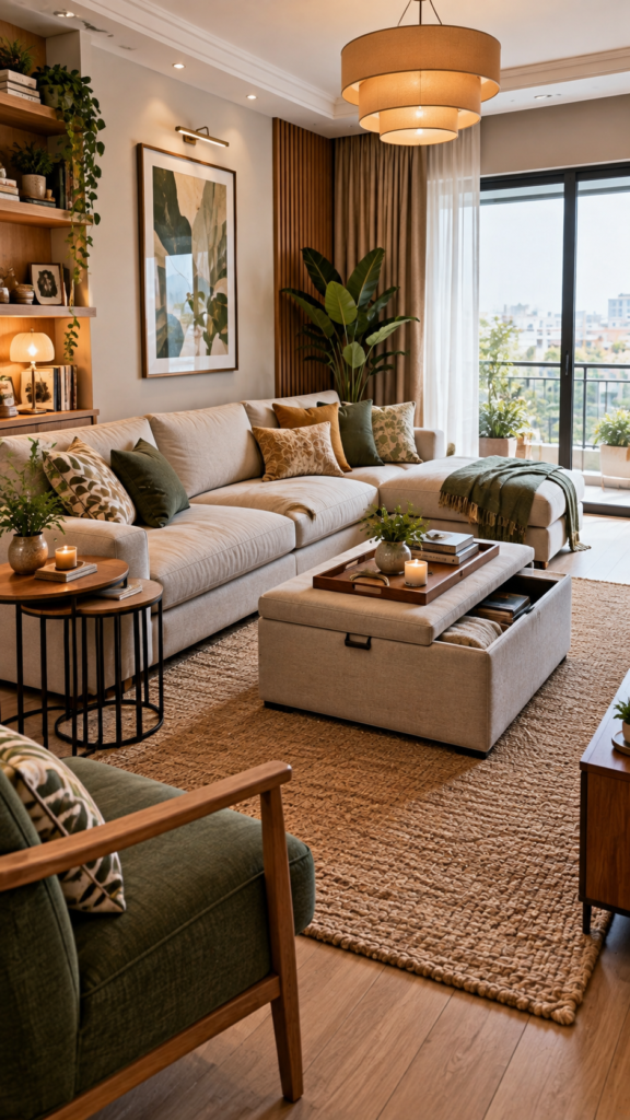 Correctly scaled modern furniture, including a low-profile sofa and a multifunctional storage ottoman, maximizing a small living area.