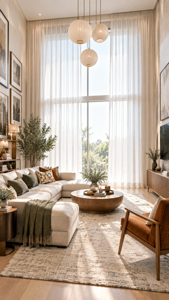 Tall floor-to-ceiling sheer curtains installed high and wide above the window to draw the eye upward and maximize vertical space.