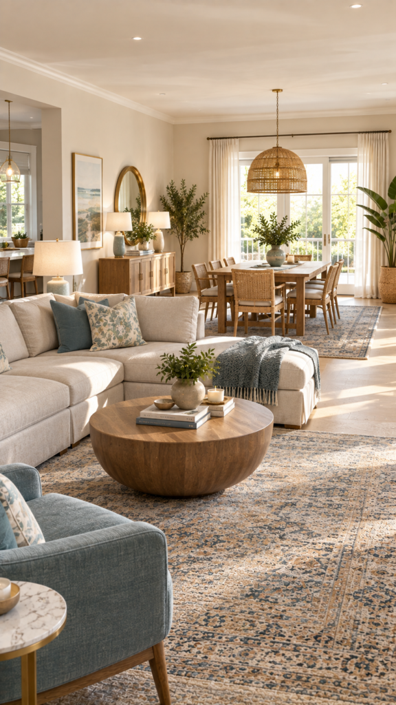 Open concept living and dining area showing a seamless and cohesive interior color flow between connected rooms.