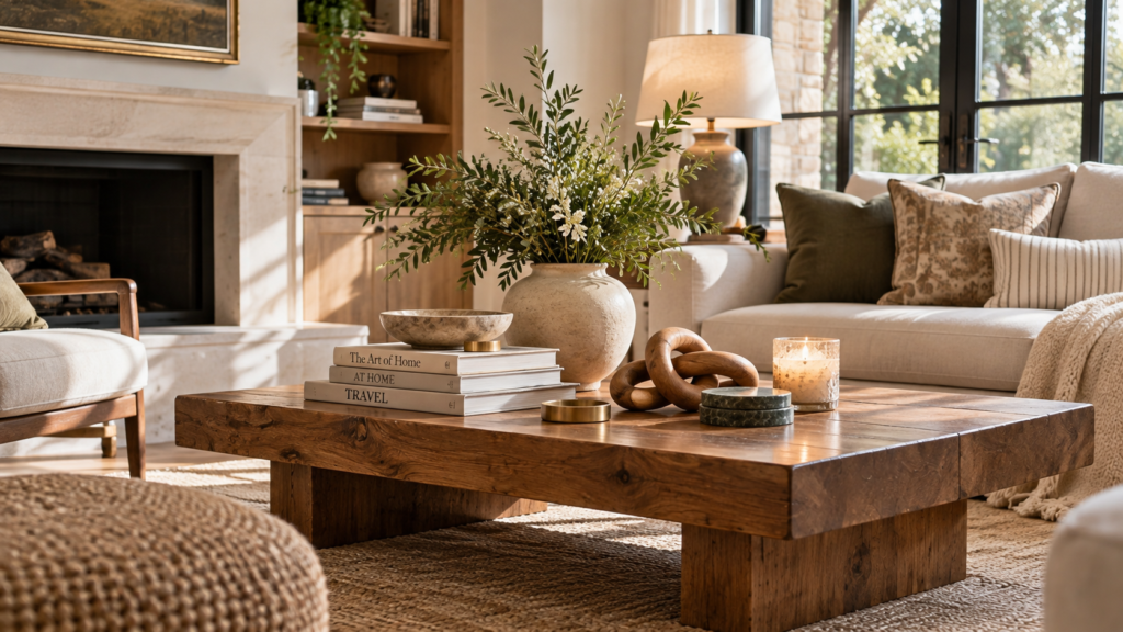 Beautifully styled coffee table featuring stacked design books, a ceramic vase, and a sculptural wood accent in a chic living room.