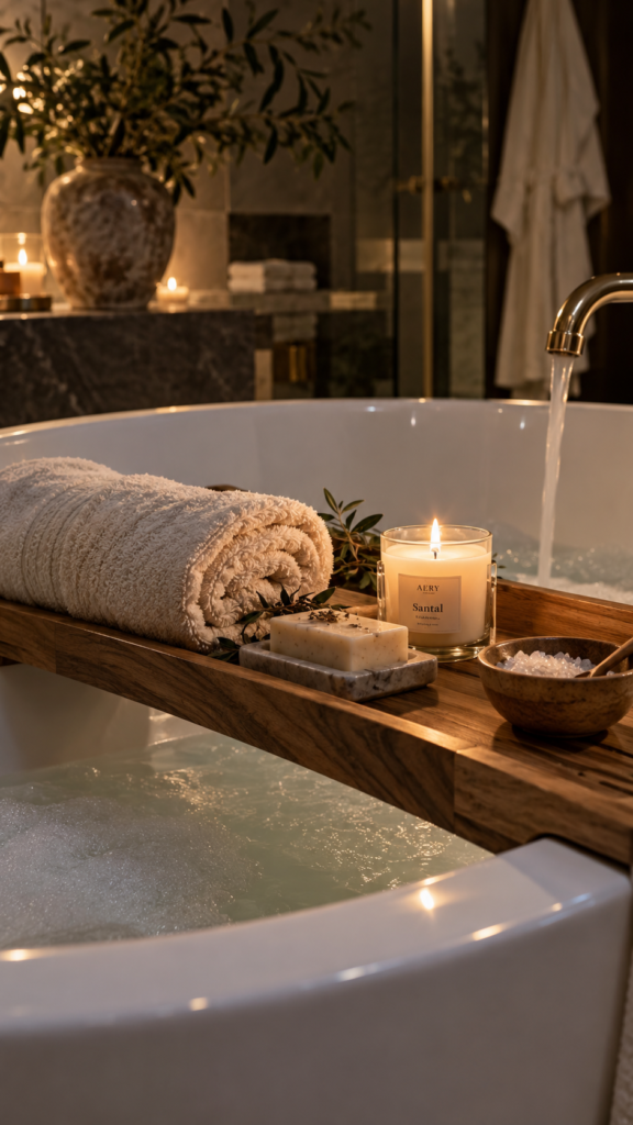Close-up of a wooden bath tray across a white bathtub holding a neatly rolled towel, elegant soap, and a lit candle for a spa-like feel.