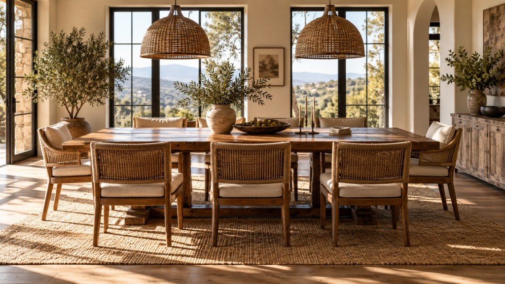 A warm and inviting dining room featuring natural light, woven textures, and a large wooden table