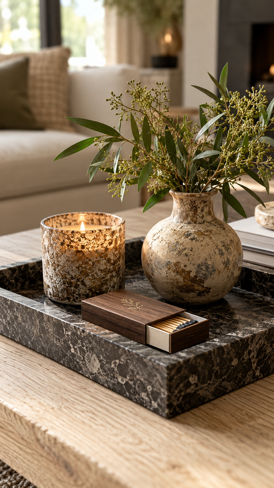 Close-up of a styled coffee table tray organizing a textured candle, a wooden matchbox, and a small rustic ceramic vase with greenery.