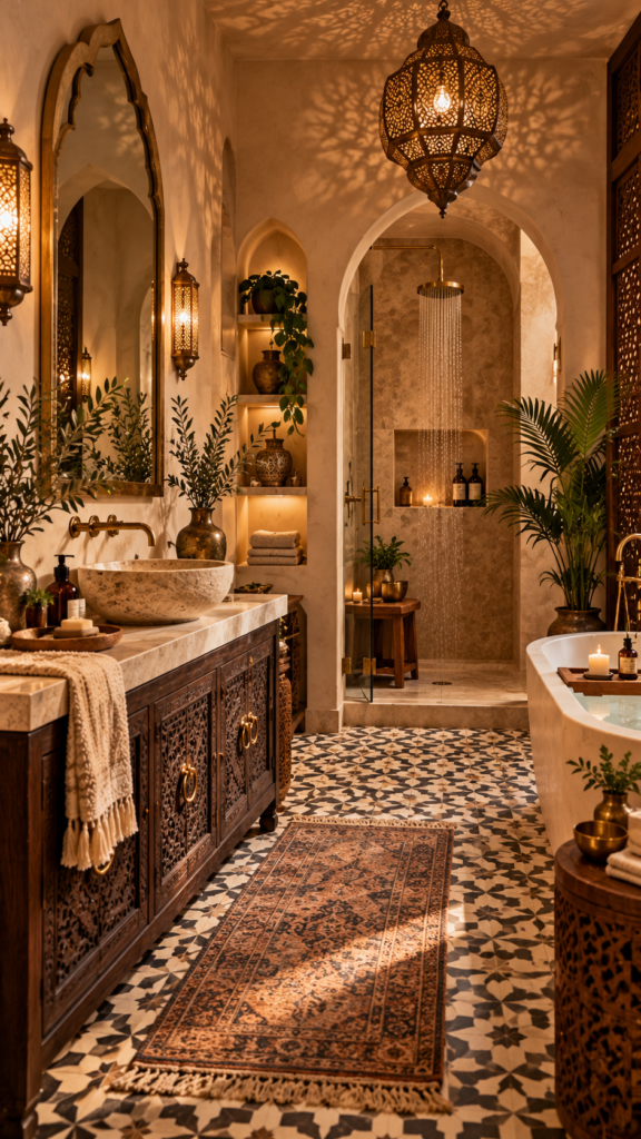 Moroccan style bathroom design highlighting geometric floor tiles, architectural arches, warm plaster walls, and pierced brass lighting.
