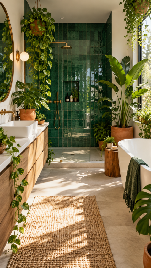 Botanical urban jungle bathroom design with deep emerald green tiles, terracotta planters, and a variety of indoor plants.