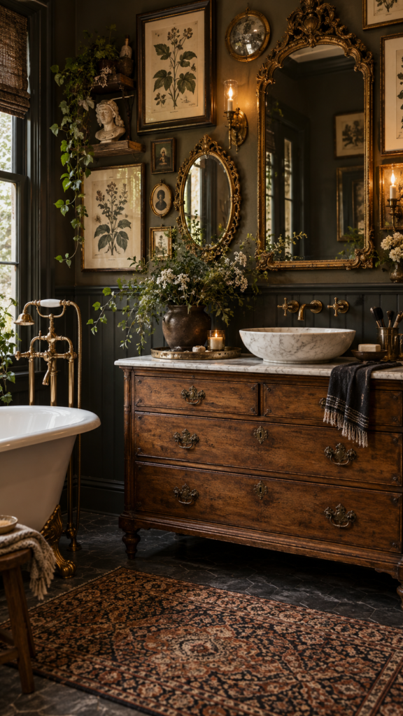 Vintage eclectic bathroom with a gallery wall of antique mirrors, a repurposed wooden dresser vanity, and traditional brass fixtures.