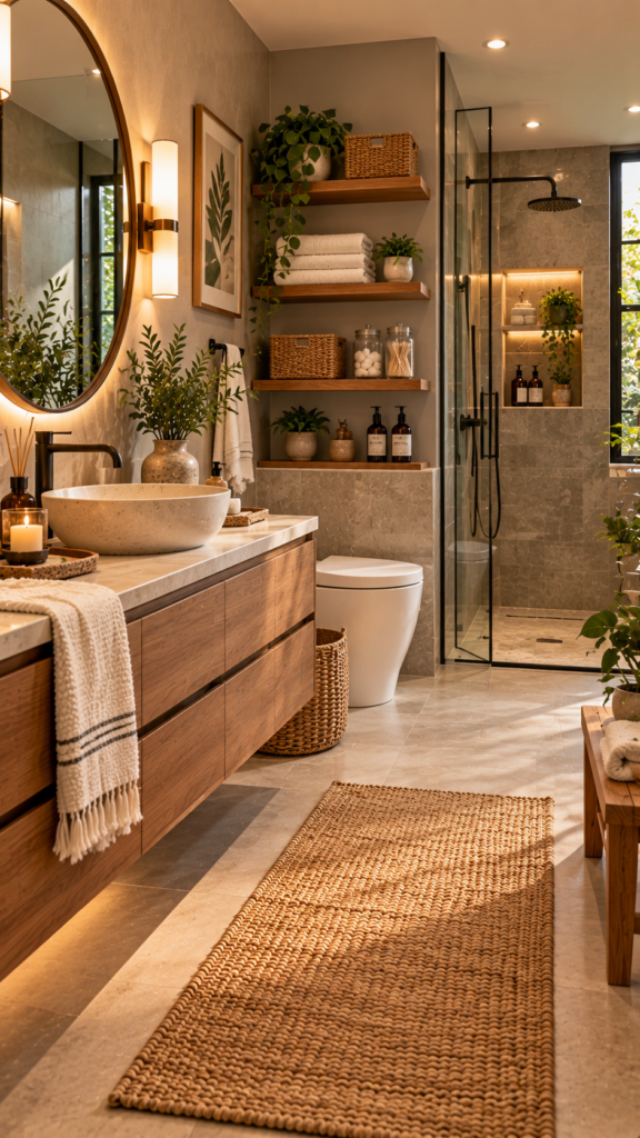 Highly organized bathroom storage featuring floating wood shelves, neatly folded towels, glass jars, and woven baskets.