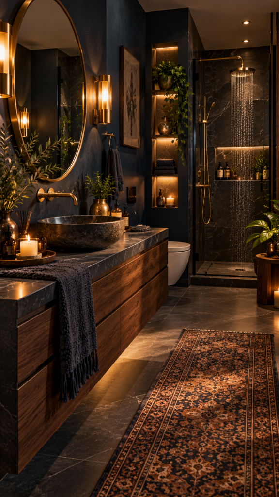 A luxurious moody modern bathroom with deep navy blue walls, a dark wood vanity, and reflective brass hardware illuminated by warm sconces.