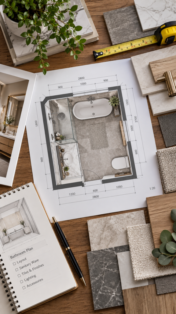 Top-down view of bathroom floor plans, a tape measure, and material swatches on a wooden table for interior design planning.