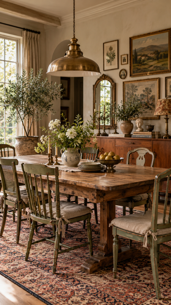 Vintage eclectic dining room with a solid wood table, mismatched antique chairs, and a retro pendant light