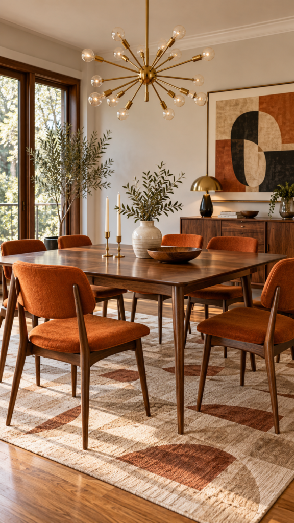 Mid-century modern dining room with a walnut table, retro chairs in burnt orange, and a geometric rug.