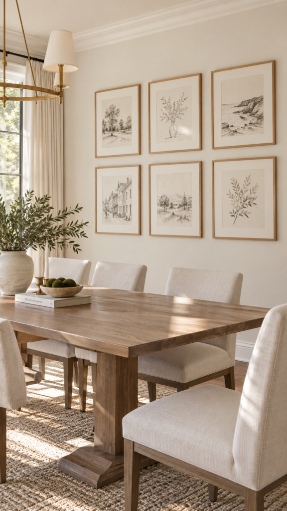  A dining room wall featuring a perfectly spaced grid of six matching light wood frames with black and white sketches for a clean gallery wall look.