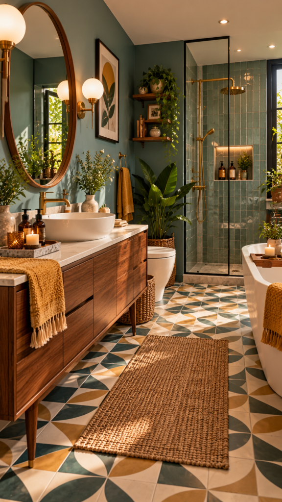 Mid-century modern bathroom featuring a sleek walnut wood vanity, geometric floor tiles, and a globe lighting fixture.
