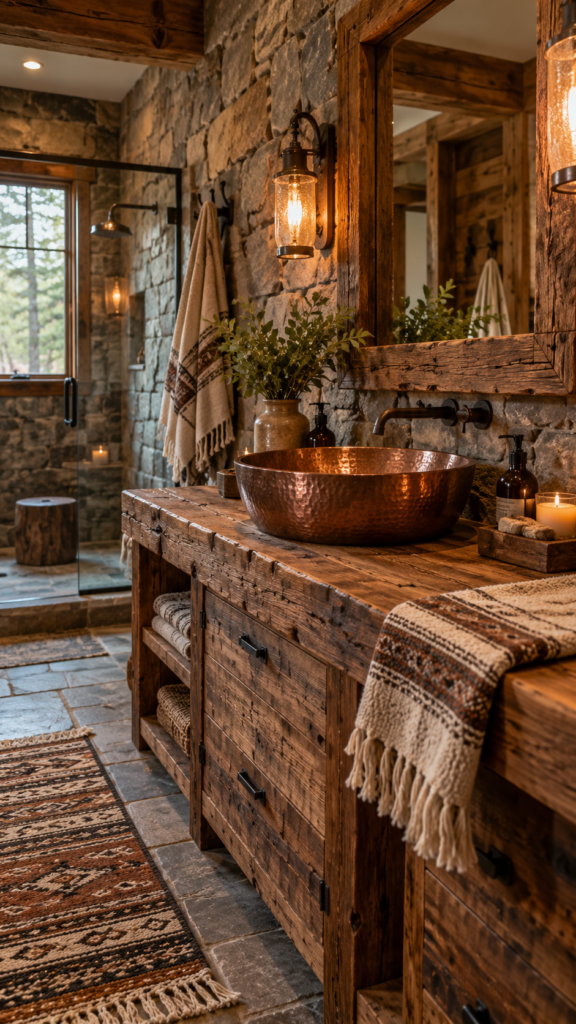 Cozy rustic cabin bathroom featuring a rugged reclaimed wood vanity, hammered copper sink, natural stone walls, and warm lighting.