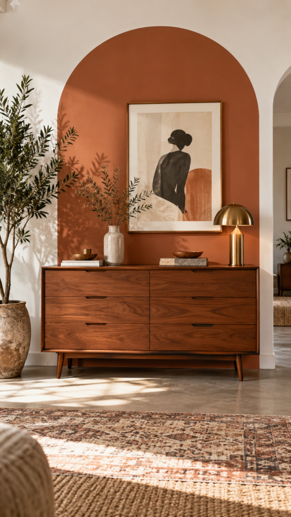  A painted warm terracotta accent arch on a white wall visually anchoring a mid-century modern wooden dresser and a potted plant without adding clutter