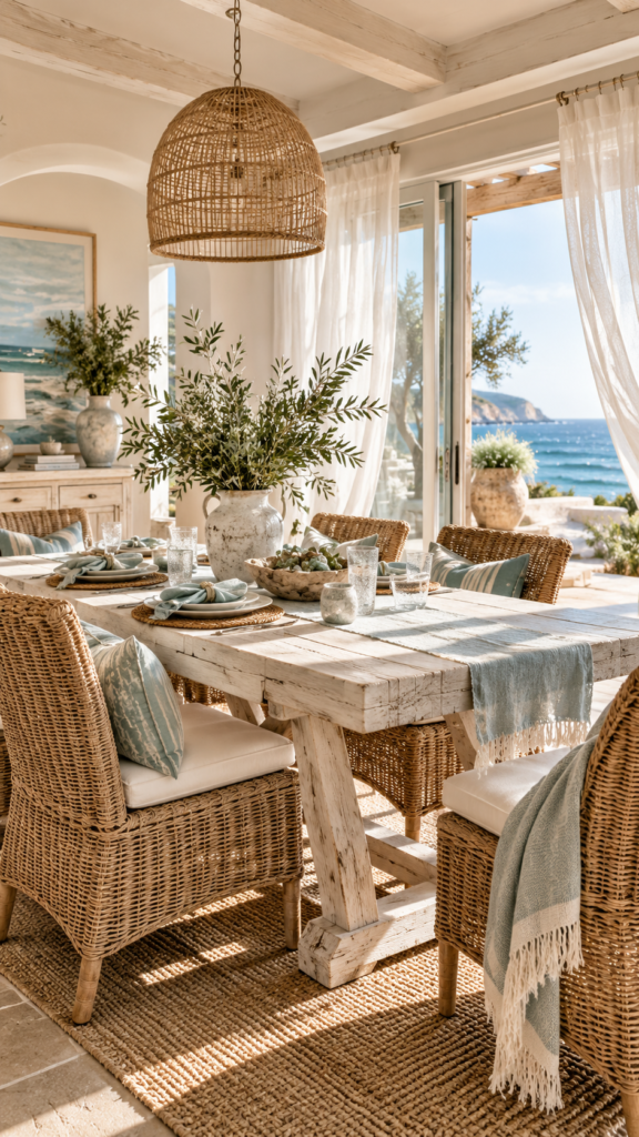 Breezy coastal dining room featuring a whitewashed wood table, woven rattan chairs, and sheer linen curtains.