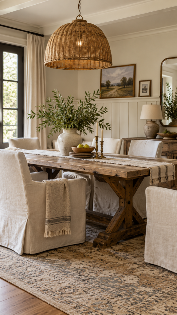 Relaxed modern farmhouse dining room with a trestle table, vertical shiplap walls, and slipcovered linen armchairs.