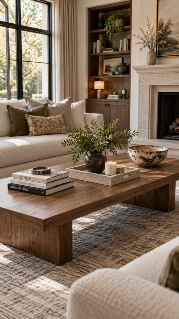 Long rectangular wood coffee table styled using a clean grid layout with a central stone tray, stacked books, and a decorative ceramic bowl.