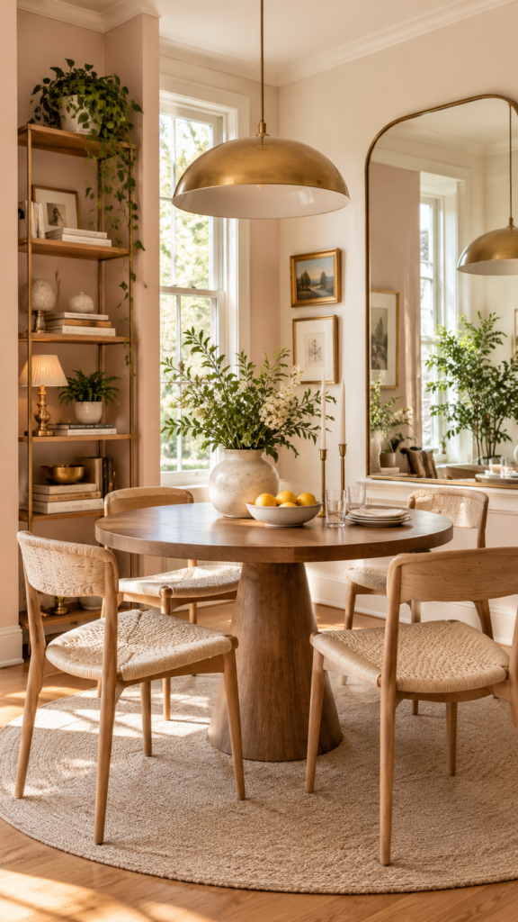 Small dining room layout featuring a round pedestal table, armless chairs, and a space-saving wall mirror