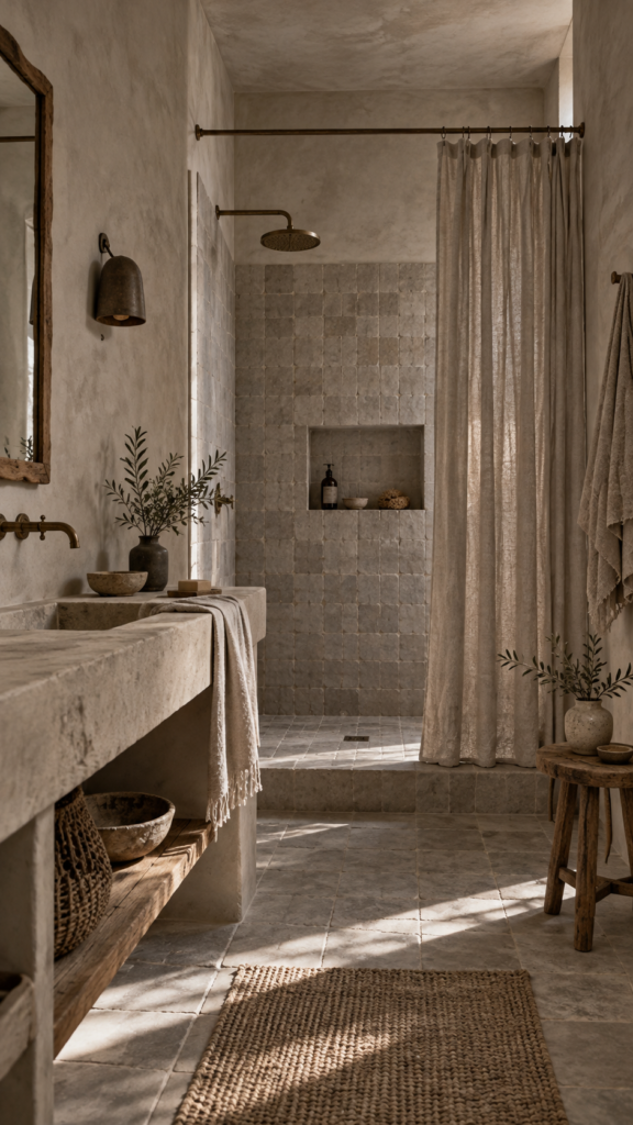 Wabi-sabi bathroom featuring textured limewash walls, irregular handmade tiles, a natural linen shower curtain, and earthy clay tones.