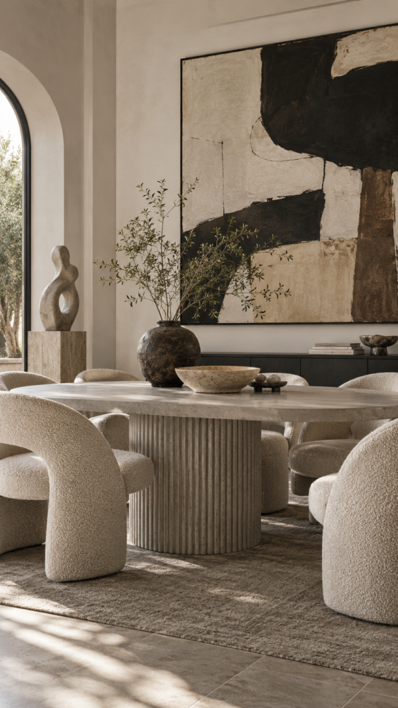 Artistic dining room featuring a sculptural fluted pedestal table, curved boucle chairs, and bold abstract wall art.