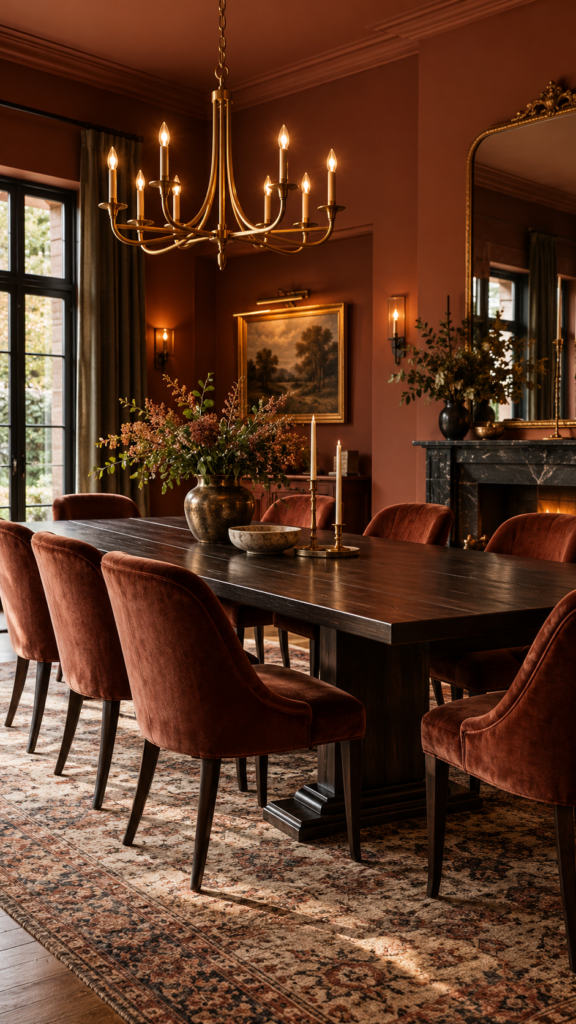 Elegant dining room decor with rich terracotta walls, a dark wood table, velvet chairs, and a brass chandelier.