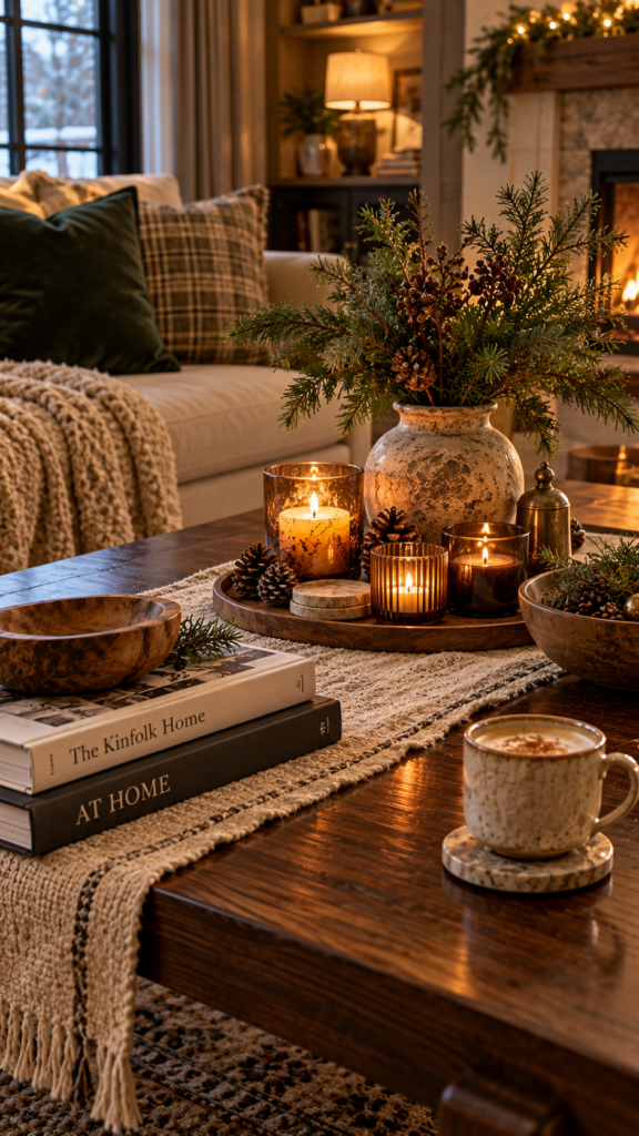 Cozy winter seasonal coffee table styling featuring glowing amber candles, pinecones, and fresh evergreen branches on a textured runner.