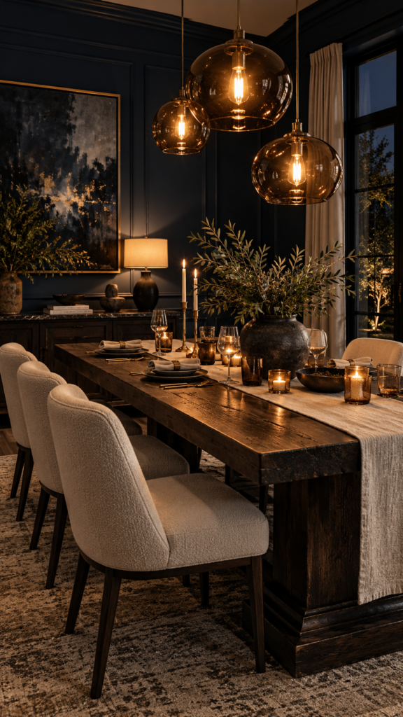 Moody modern dining room featuring dark navy walls, a heavy dark wood table, and glowing amber glass pendant lights.
